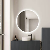 Oglinda LED 70×70 cm, Senzor Miscare Premium – 3 Tipuri de Lumina, Dimabila, Ceas & Temperatura, Dezaburire