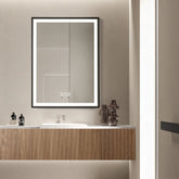 Oglinda LED 60×80 cm cu Rama Neagra, Senzor Miscare Premium – 3 Tipuri de Lumina, Dimabila, Ceas & Temperatura, Dezaburire