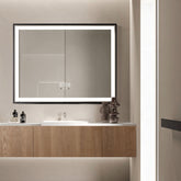 Oglinda LED 80×60 cm cu Rama Neagra, Senzor Miscare Premium – 3 Tipuri de Lumina, Dimabila, Ceas & Temperatura, Dezaburire