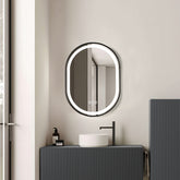 Oglinda LED 50×80 cm cu Rama Neagra Ovala, Senzor Miscare Premium – 3 Tipuri de Lumina, Dimabila, Ceas & Temperatura, Dezaburire