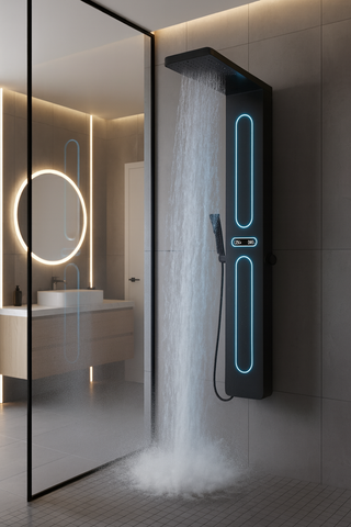 Panel de Dus cu Efect de Ploaie si Jeturi cu Masaj, Display si LED Incorporat, Negru Mat