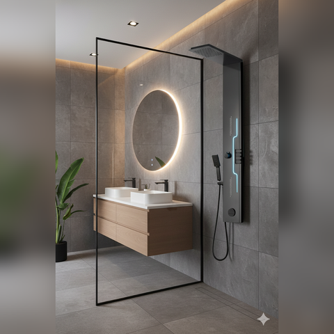 Panel de Dus Shark cu Efect de Ploaie si Jeturi cu Masaj, LED Incorporat, Negru Mat