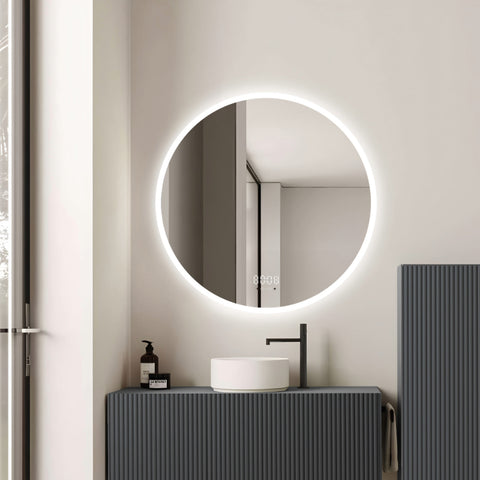 Oglinda LED 70×70 cm, Senzor Miscare Premium – 3 Tipuri de Lumina, Dimabila, Ceas & Temperatura, Dezaburire