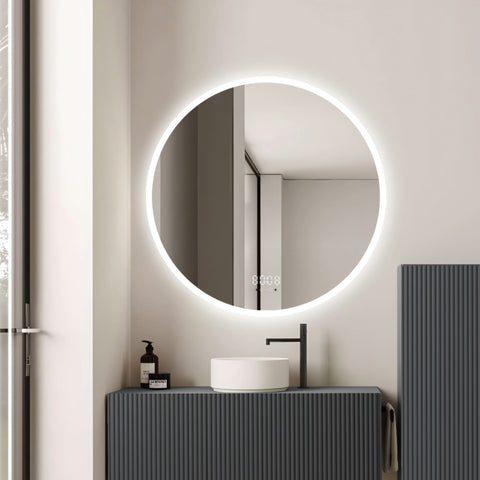 Oglinda LED 80×80 cm, Senzor Miscare Premium – 3 Tipuri de Lumina, Dimabila, Ceas & Temperatura, Dezaburire