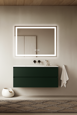 Oglinda LED 80×60 cm Dreptunghiulara, Senzor Miscare Premium – 3 Tipuri de Lumina, Dimabila, Ceas & Temperatura, Dezaburire