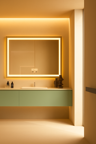 Oglinda LED 80×60 cm Dreptunghiulara cu Rama Aurie, Senzor Miscare Premium – 3 Tipuri de Lumina, Dimabila, Ceas & Temperatura, Dezaburire