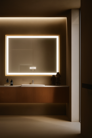 Oglinda LED 80×60 cm Dreptunghiulara cu Rama Aurie, Senzor Miscare Premium – 3 Tipuri de Lumina, Dimabila, Ceas & Temperatura, Dezaburire