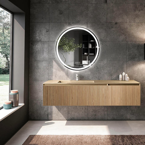 Oglinda LED 60×60 cm Rotunda, Senzor Miscare Premium pentru 3 Tipuri de Lumina, Dimabila, Ceas & Temperatura, Dezaburire