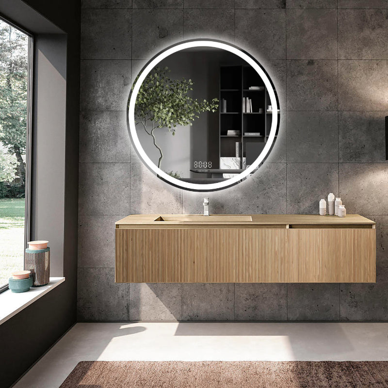 Oglinda LED 90×90 cm Rotunda, Senzor Miscare Premium pentru 3 Tipuri de Lumina, Dimabila, Ceas & Temperatura, Dezaburire