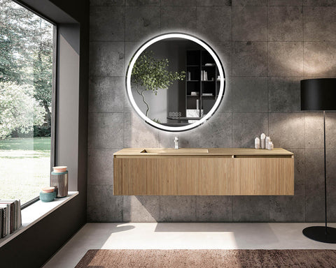 Oglinda LED 90×90 cm Rotunda, Senzor Miscare Premium pentru 3 Tipuri de Lumina, Dimabila, Ceas & Temperatura, Dezaburire