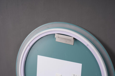 Oglinda LED 90×90 cm Rotunda, Senzor Miscare Premium pentru 3 Tipuri de Lumina, Dimabila, Ceas & Temperatura, Dezaburire