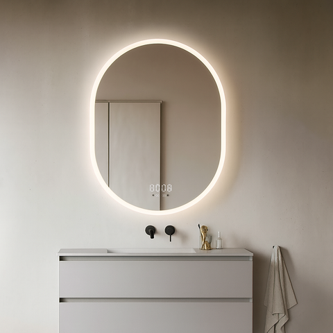 Oglinda LED 70×90 cm Ovala, Senzor Miscare Premium – 3 Tipuri de Lumina, Dimabila, Ceas & Temperatura, Dezaburire