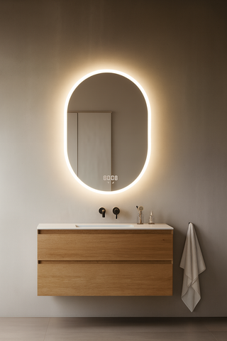 Oglinda LED 70×90 cm Ovala, Senzor Miscare Premium – 3 Tipuri de Lumina, Dimabila, Ceas & Temperatura, Dezaburire