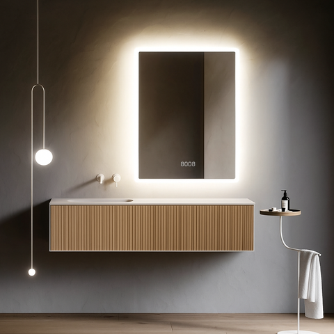 Oglinda LED 60×80 cm, Senzor Miscare Premium pentru 3 Tipuri de Lumina, Dimabila, Ceas & Temperatura, Dezaburire