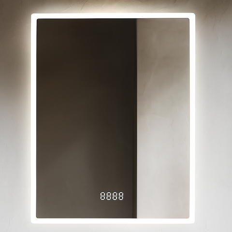 Oglinda LED 60×80 cm, Senzor Miscare Premium pentru 3 Tipuri de Lumina, Dimabila, Ceas & Temperatura, Dezaburire