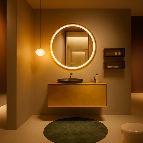 Oglinda LED 70×70 cm cu Rama Aurie, Senzor Miscare Premium – 3 Tipuri de Lumina, Dimabila, Ceas & Temperatura, Dezaburire