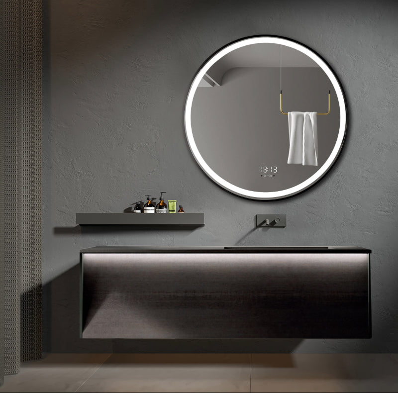 Oglinda LED 70×70 cm Rama Neagra, Senzor Miscare Premium – 3 Tipuri de Lumina, Dimabila, Ceas & Temperatura, Dezaburire