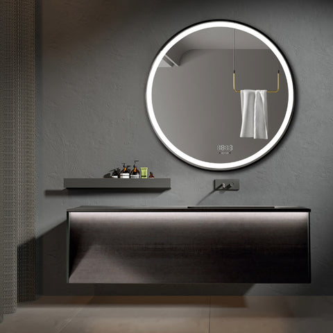 Oglinda LED 80×80 cm Rama Neagra, Senzor Miscare Premium – 3 Tipuri de Lumina, Dimabila, Ceas & Temperatura, Dezaburire