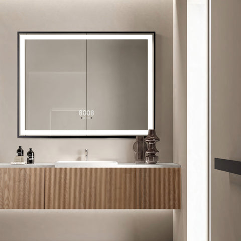 Oglinda LED 80×60 cm cu Rama Neagra, Senzor Miscare Premium – 3 Tipuri de Lumina, Dimabila, Ceas & Temperatura, Dezaburire