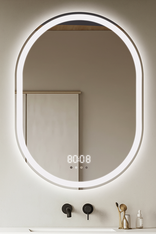 Oglinda LED 60×80 cm Ovala, Senzor Miscare Premium – 3 Tipuri de Lumina, Dimabila, Ceas & Temperatura, Dezaburire
