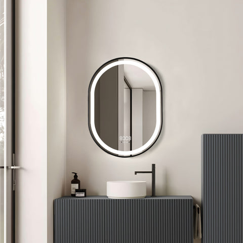 Oglinda LED 50×80 cm cu Rama Neagra Ovala, Senzor Miscare Premium – 3 Tipuri de Lumina, Dimabila, Ceas & Temperatura, Dezaburire