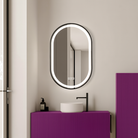 Oglinda LED 50×80 cm cu Rama Neagra Ovala, Senzor Miscare Premium – 3 Tipuri de Lumina, Dimabila, Ceas & Temperatura, Dezaburire