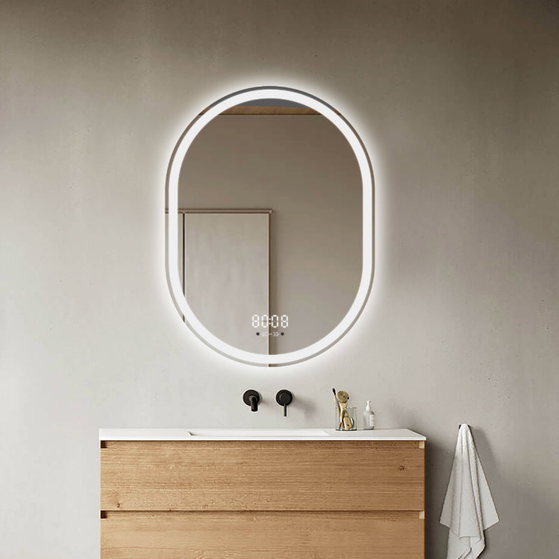 Oglinda LED 60×80 cm Ovala, Senzor Miscare Premium – 3 Tipuri de Lumina, Dimabila, Ceas & Temperatura, Dezaburire