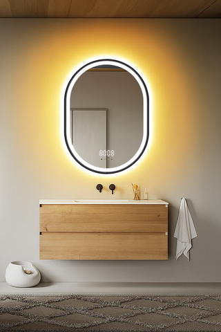 Oglinda LED 60×80 cm Ovala, Senzor Miscare Premium – 3 Tipuri de Lumina, Dimabila, Ceas & Temperatura, Dezaburire