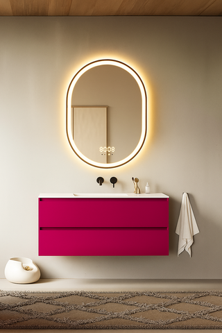 Oglinda LED 60×80 cm Ovala, Senzor Miscare Premium – 3 Tipuri de Lumina, Dimabila, Ceas & Temperatura, Dezaburire