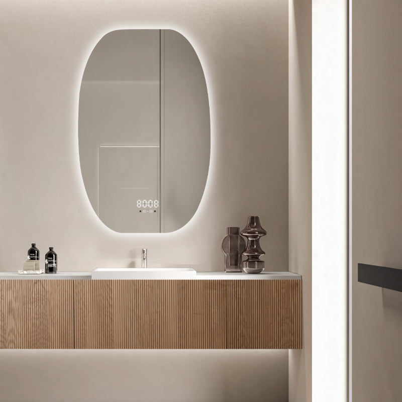 Oglinda LED 60×80 cm Ovala, Senzor Miscare Premium – 3 Tipuri de Lumina, Dimabila, Ceas & Temperatura, Dezaburire