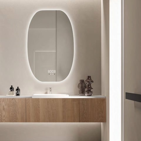 Oglinda LED 60×80 cm Ovala, Senzor Miscare Premium – 3 Tipuri de Lumina, Dimabila, Ceas & Temperatura, Dezaburire