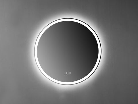 Oglinda LED 60×60 cm Rotunda, Senzor Miscare Premium pentru 3 Tipuri de Lumina, Dimabila, Ceas & Temperatura, Dezaburire