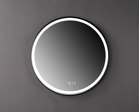 Oglinda LED 80×80 cm Rama Neagra, Senzor Miscare Premium – 3 Tipuri de Lumina, Dimabila, Ceas & Temperatura, Dezaburire