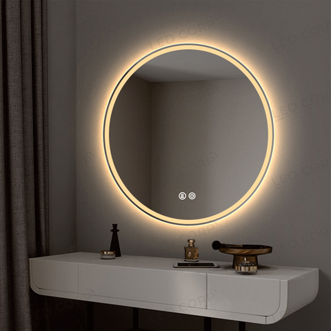 Oglinda LED 70×70 cm Rotunda, Senzor Miscare Premium pentru 3 Tipuri de Lumina, Dimabila, Ceas & Temperatura, Dezaburire