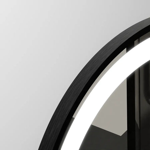 Oglinda LED 80×80 cm Rama Neagra, Senzor Miscare Premium – 3 Tipuri de Lumina, Dimabila, Ceas & Temperatura, Dezaburire