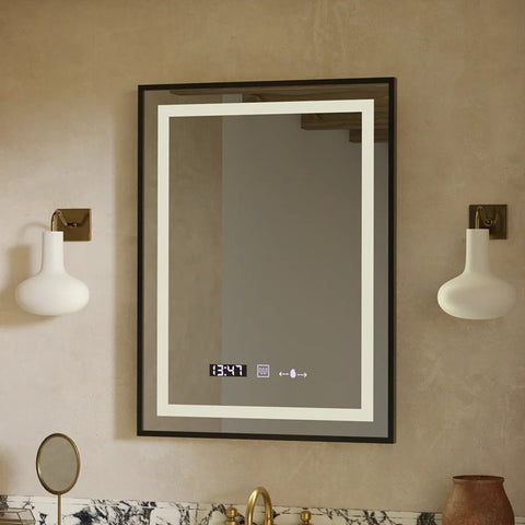 Oglinda LED 60×80 cm cu Rama Neagra, Senzor Miscare Premium – 3 Tipuri de Lumina, Dimabila, Ceas & Temperatura, Dezaburire