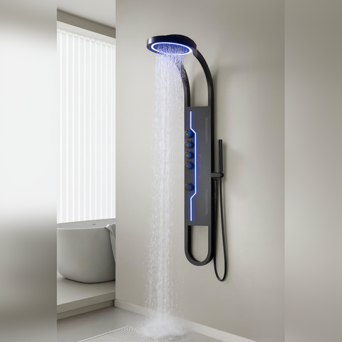 Panel de Dus Shark cu Efect de Ploaie si Jeturi cu Masaj, Design Unic, LED Incorporat, Negru