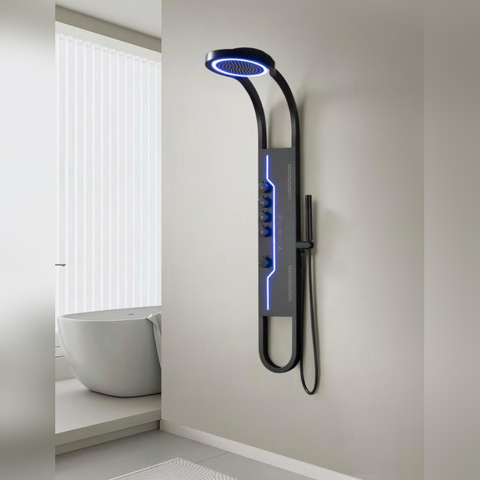 Panel de Dus Shark cu Efect de Ploaie si Jeturi cu Masaj, Design Unic, LED Incorporat, Negru