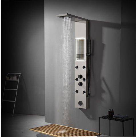 Panel de Dus cu Efect de Ploaie si Jeturi cu masaj, Oglinda LED Incorporata, Argintiu Periat