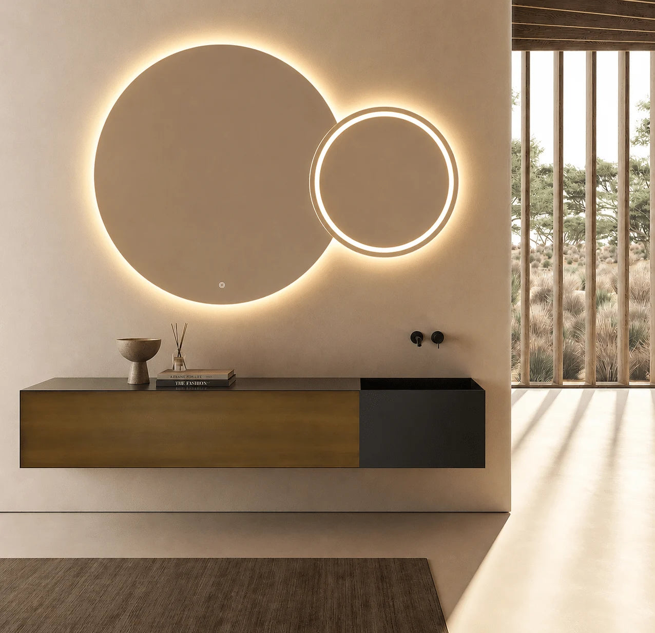 Oglindă LED Premium 2 Cercuri Suprapuse, Lumina Fata – Spate, 120x80x60 cm, Dimabilă, 3 Tipuri de Lumină, Touch, Copper-Free