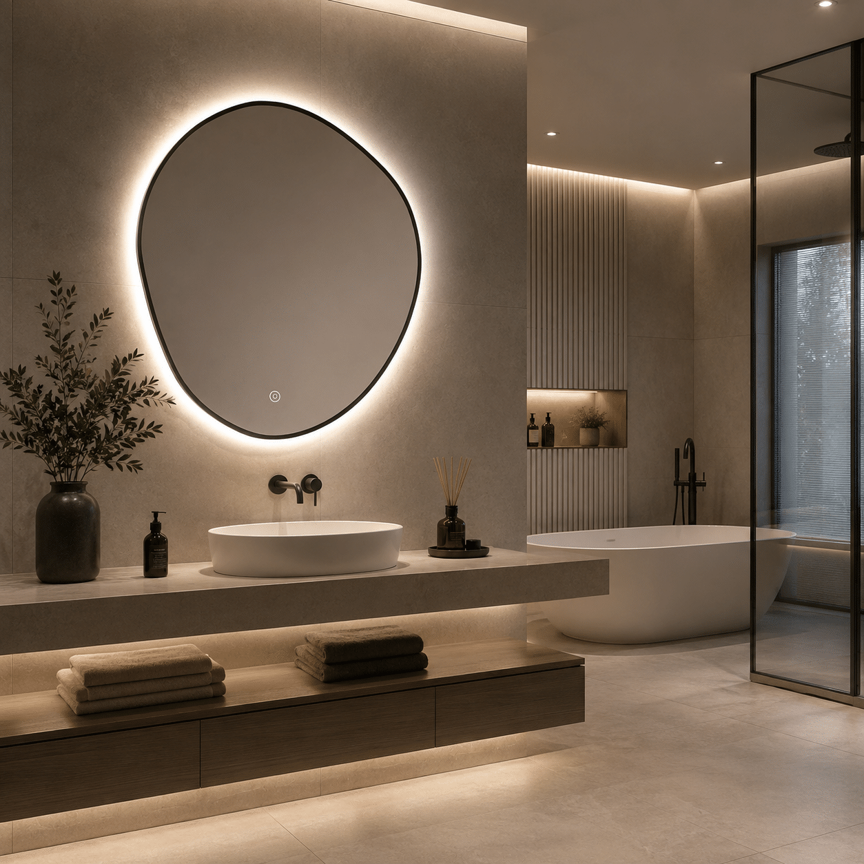 Oglindă LED Asimetrică Premium cu Ramă Neagră 70×90 cm, Lumină Spate, 3 Tipuri de Lumină – Calda, Rece, Neutra
