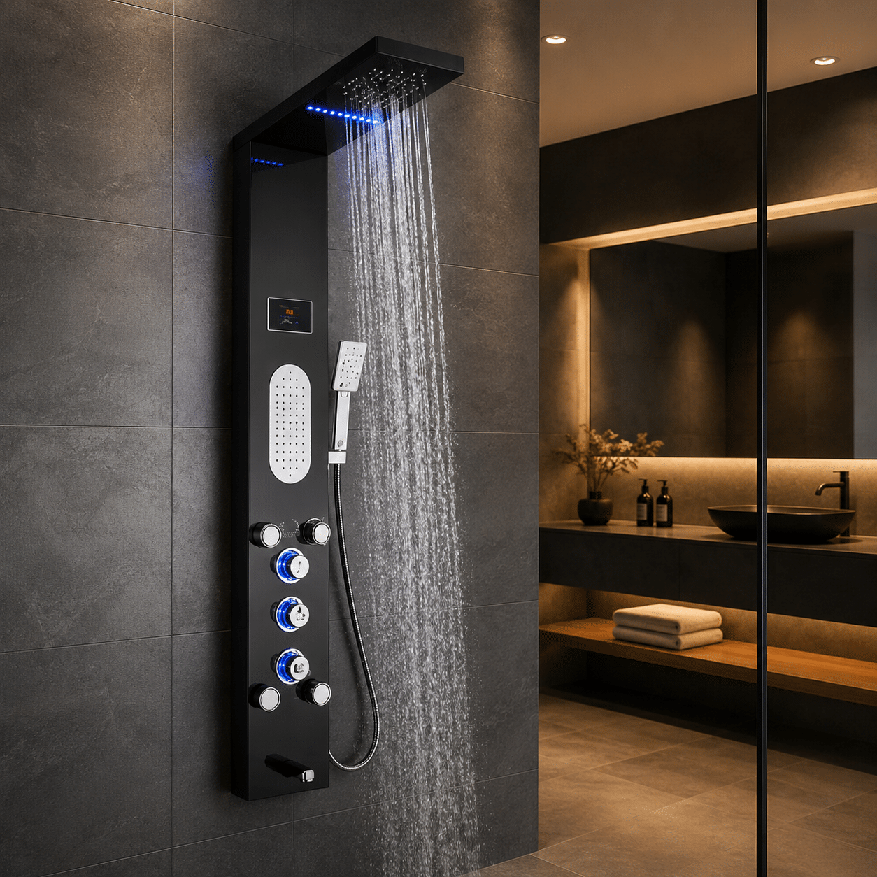 Panel de Duș cu 5 Jeturi Hidromasaj, Afișaj Digital și LED, Negru/Crom
