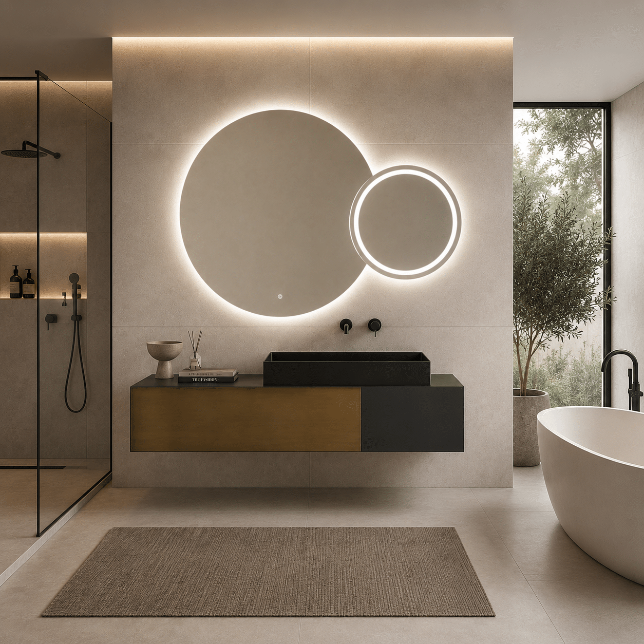 Oglindă LED Premium 2 Cercuri Suprapuse, Lumina Fata – Spate, 120x80x60 cm, Dimabilă, 3 Tipuri de Lumină, Touch, Copper-Free