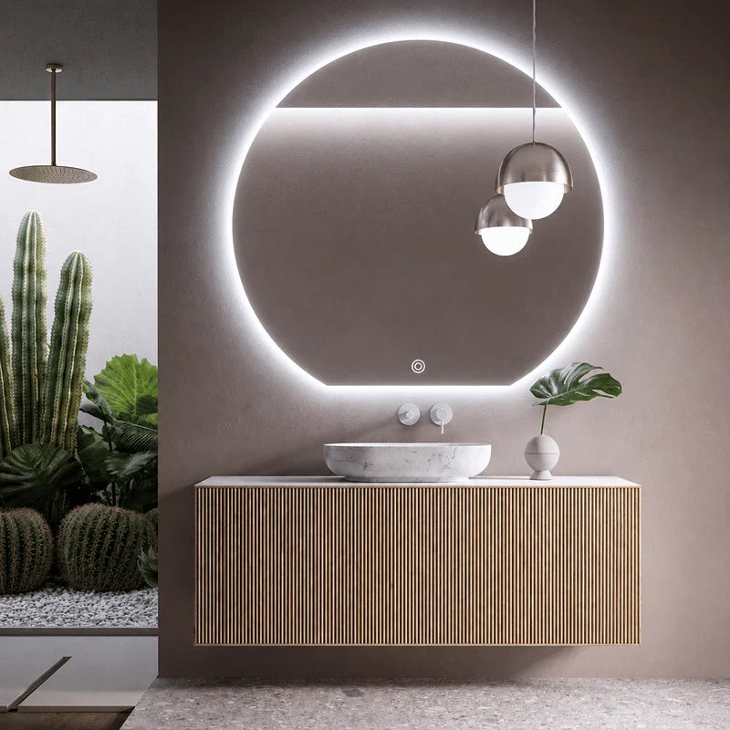 Oglindă LED Premium Semirotundă, Bază Dreaptă, 80×75 cm, Touch, Dimabilă, 3 Tipuri de Lumină, Copper-Free