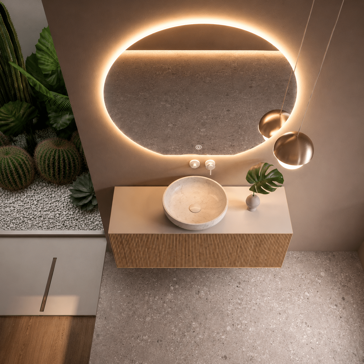 Oglindă LED Premium Semirotundă, Bază Dreaptă, 80×75 cm, Touch, Dimabilă, 3 Tipuri de Lumină, Copper-Free