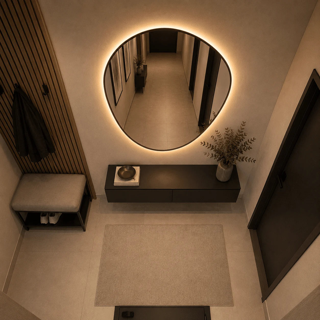 Oglindă LED Asimetrică Premium cu Ramă Neagră 70×90 cm, Lumină Spate, 3 Tipuri de Lumină – Calda, Rece, Neutra