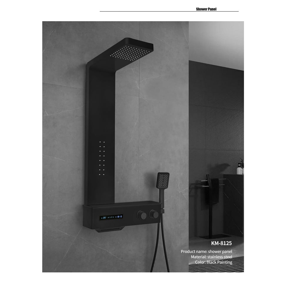 Panel de Dus cu Efect de Ploaie, Afisaj Digital, Jet cu Masaj, Negru Mat