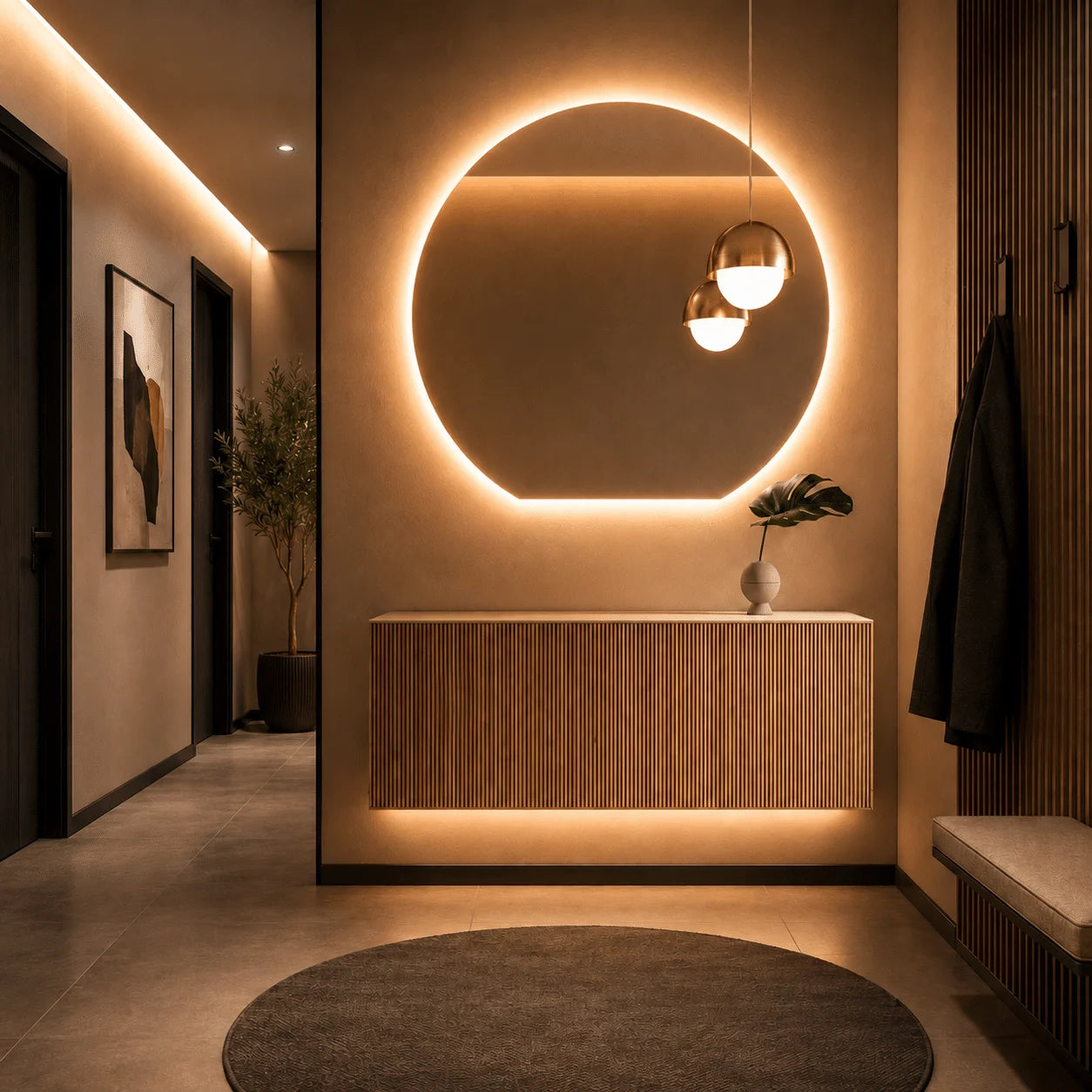 Oglindă LED Premium Semirotundă, Bază Dreaptă, 80×75 cm, Touch, Dimabilă, 3 Tipuri de Lumină, Copper-Free