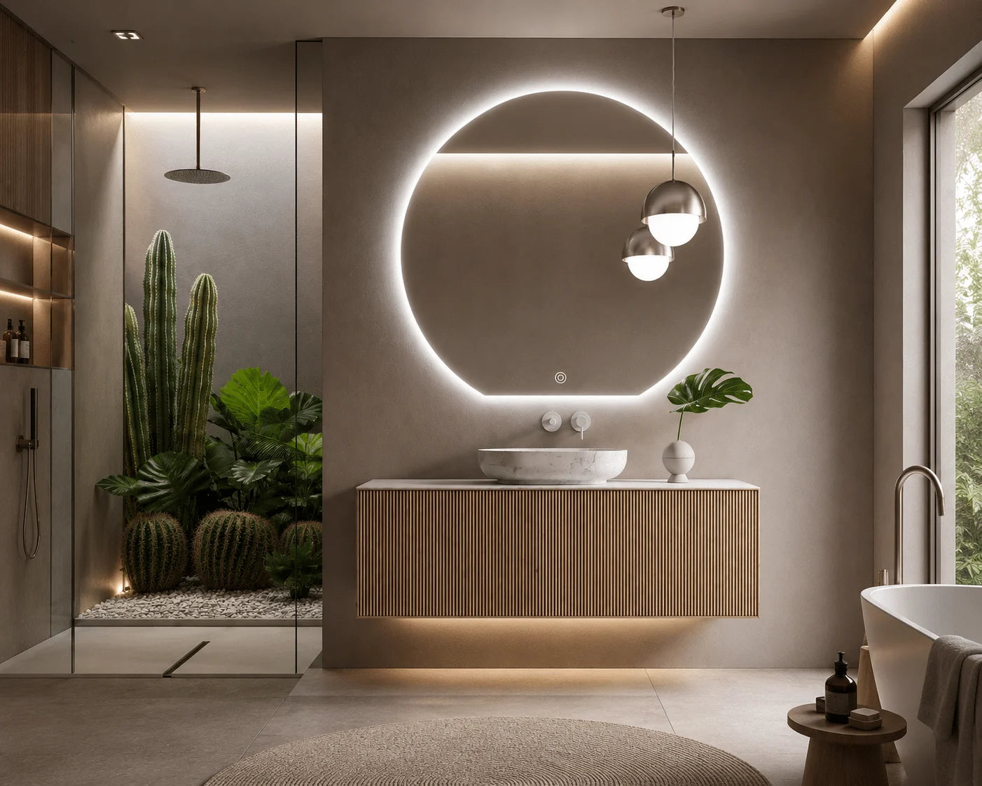 Oglindă LED Premium Semirotundă, Bază Dreaptă, 80×75 cm, Touch, Dimabilă, 3 Tipuri de Lumină, Copper-Free