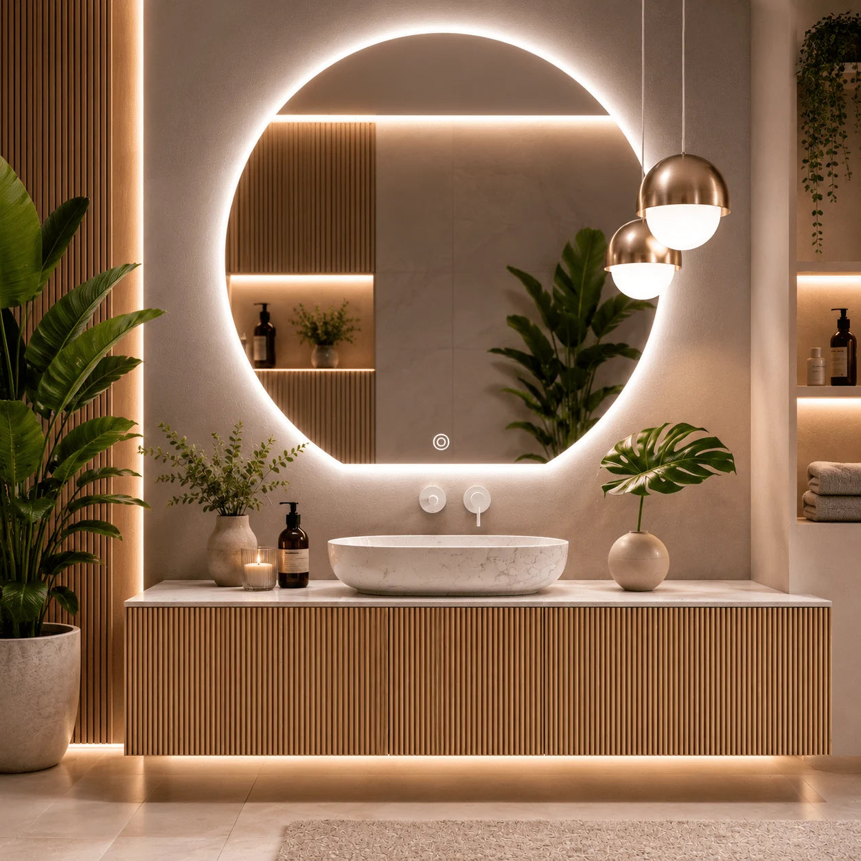 Oglindă LED Premium Semirotundă, Bază Dreaptă, 80×75 cm, Touch, Dimabilă, 3 Tipuri de Lumină, Copper-Free